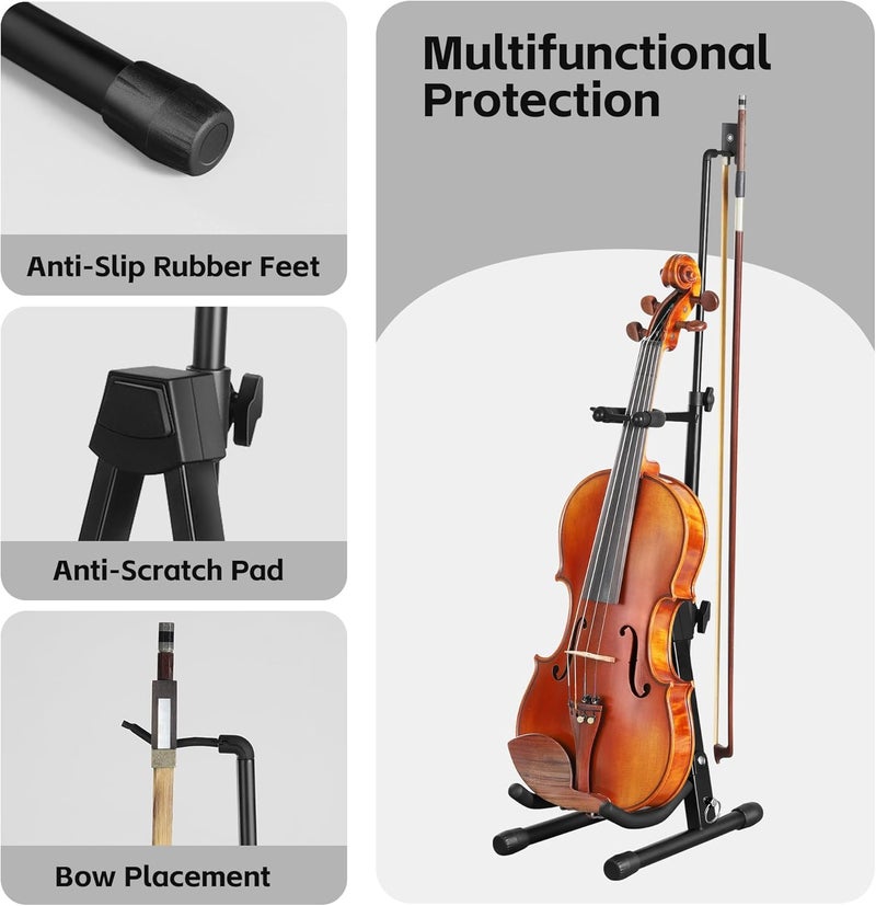Augioth New Upgraded Anti-Tipping Design in Violin Stand with Bow Holder. Adjustable height, non-slip base, and protective head lock. Foldable and portable design for violins, violas, mandolins, and ukuleles.（Gray） - Image 4